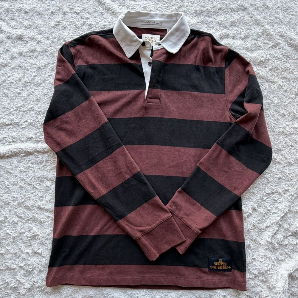 Scotch & Soda Rugby Shirt Mens Small Stripe Long Sleeve Rum Raisin Preppy NWT